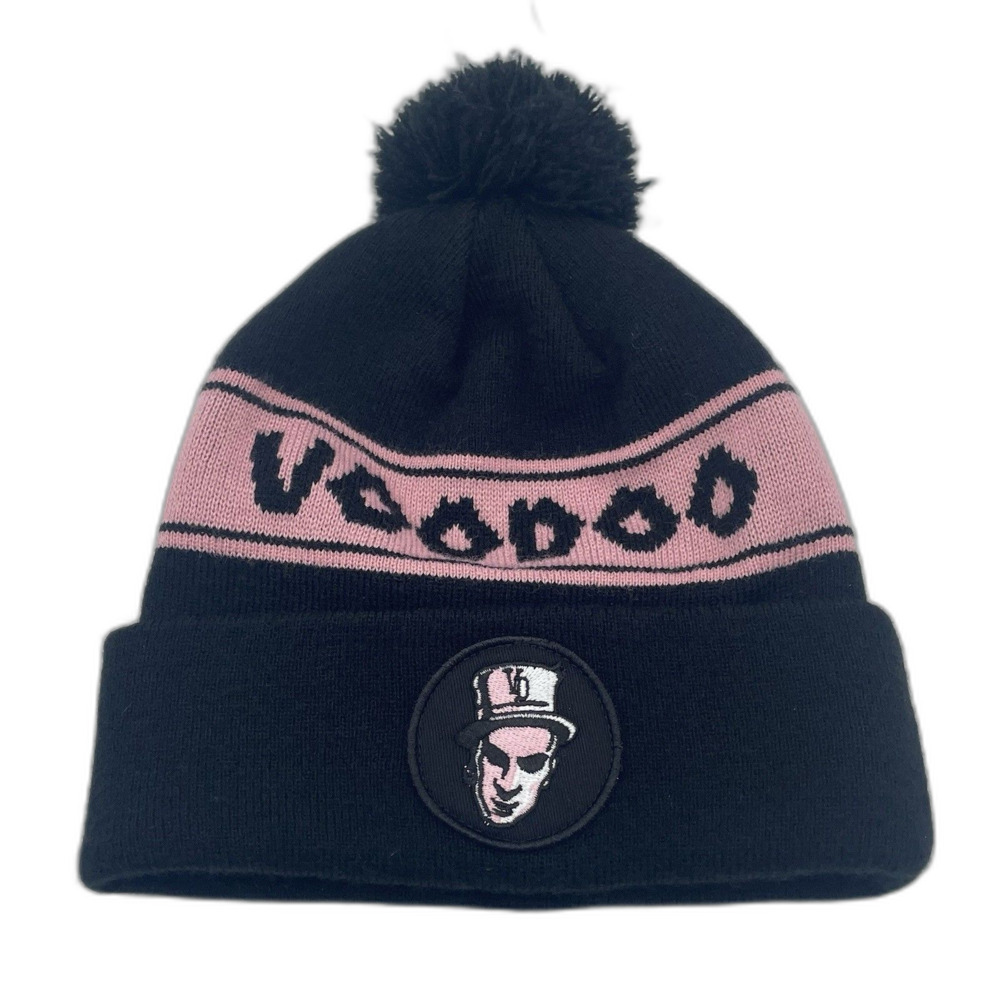 Voodoo Doughnut Baron Patch Beanie Cuffed With Pom Pom Hat Black & Pink